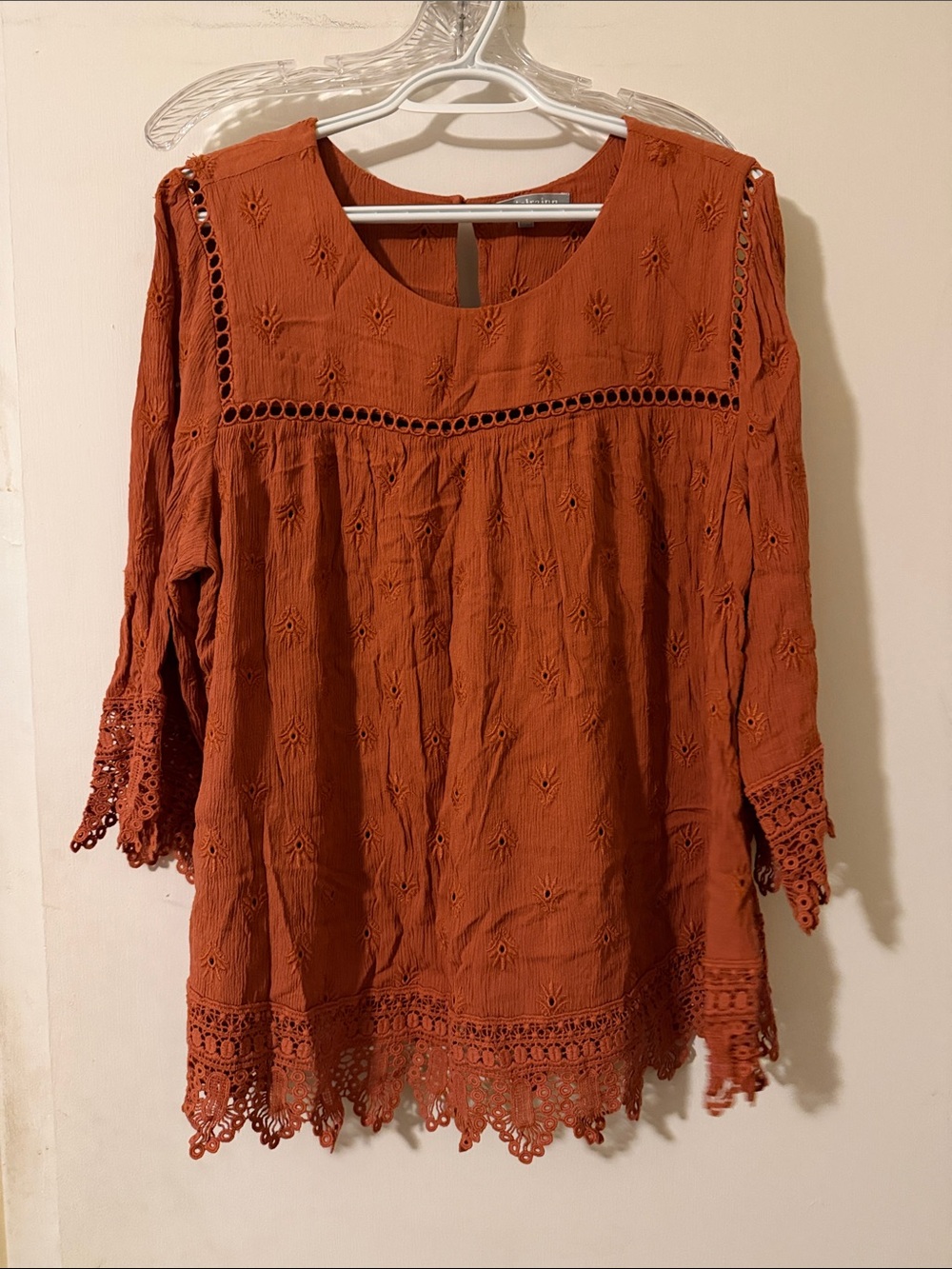Daniel Rainn Burnt Orange Eyelet Crochet-Trim Peasant Blouse